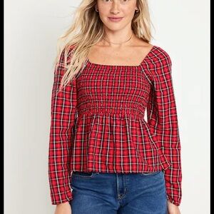 Old Navy Red Plaid Smocked Peplum Top Size 2X